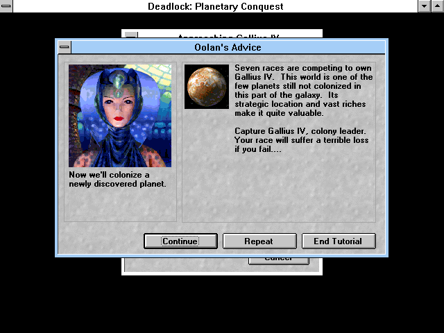 Deadlock: Planetary Conquest (Windows 16-bit) screenshot: Oolan's advice