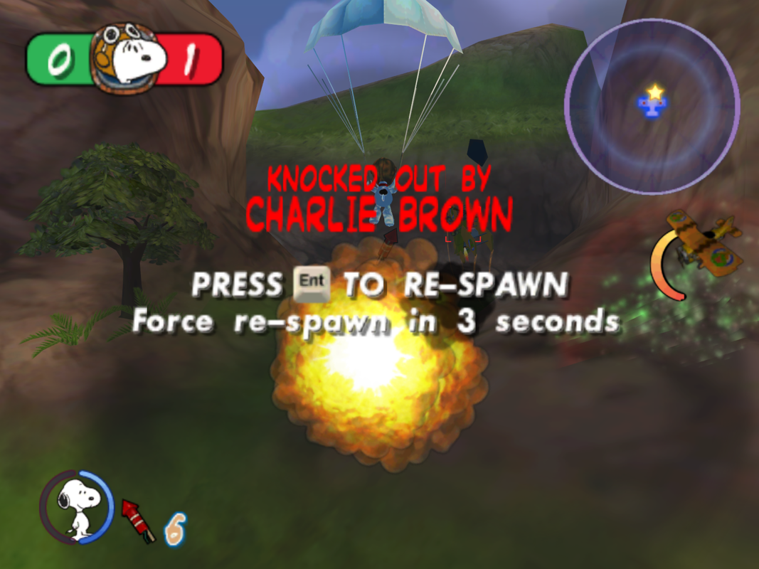 Snoopy vs. the Red Baron (Windows) screenshot: Knocked Out! But don't worry, you always come sailing down on a parachute à la G.I. Joe.