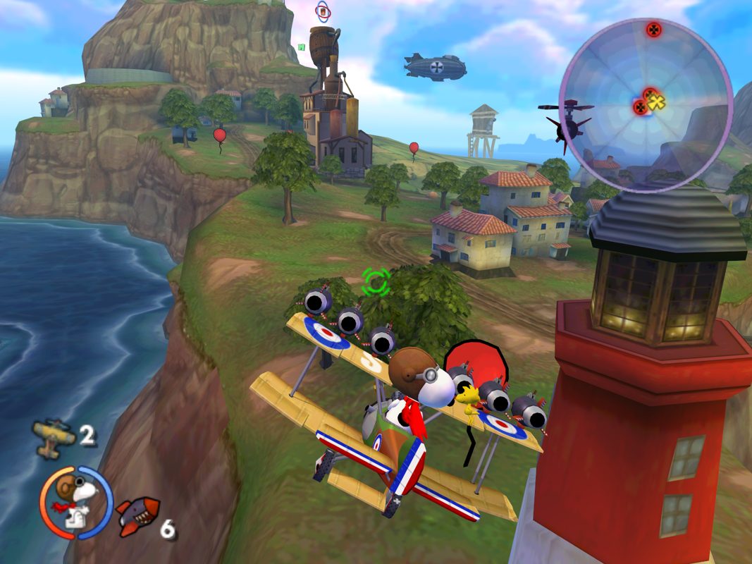 Snoopy vs. the Red Baron (Windows) screenshot: Protecting the Lighthouse and Root Beer Factory.