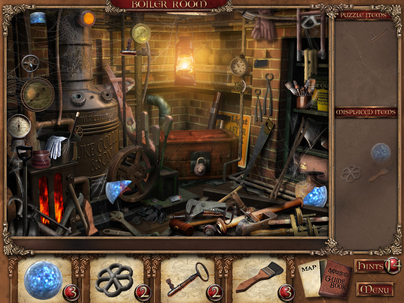 Mortimer Beckett and the Secrets of the Spooky Manor (Windows) screenshot: The boiler room - grabbed a piece of the globe