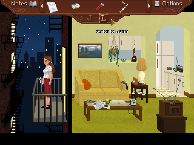 Blackwell Unbound (Windows) screenshot: Lauren in her apartment, with the inventory shown.