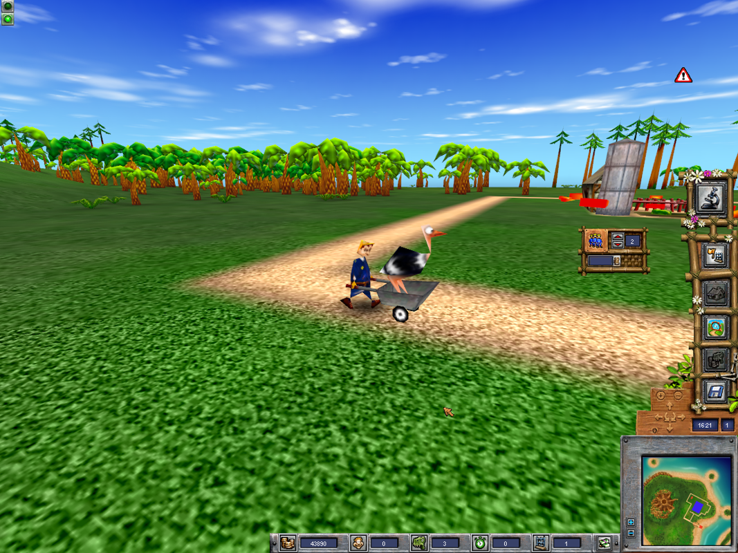 Dino Island (Windows) screenshot: The farmer is taking an Ostrich for feeding.
