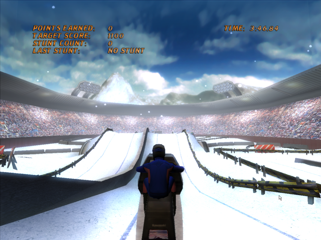 Kawasaki Snowmobiles (Windows) screenshot: Stunt tracks offer a few jumps. But they take place in the two levels you've already seen before.