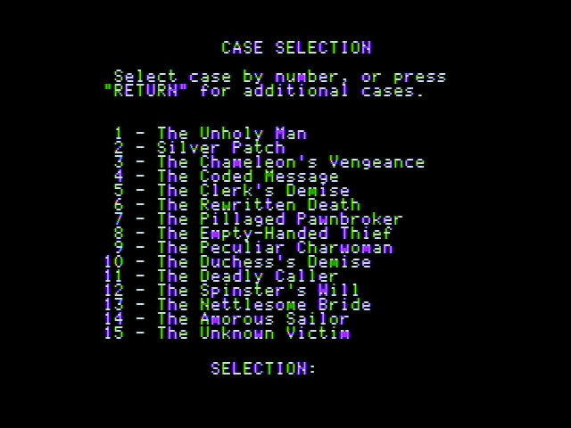 221 B Baker St. (Apple II) screenshot: Case selection