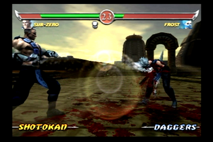Mortal Kombat: Deadly Alliance (PlayStation 2) screenshot: Sub-Zero impales Frost with his sword.