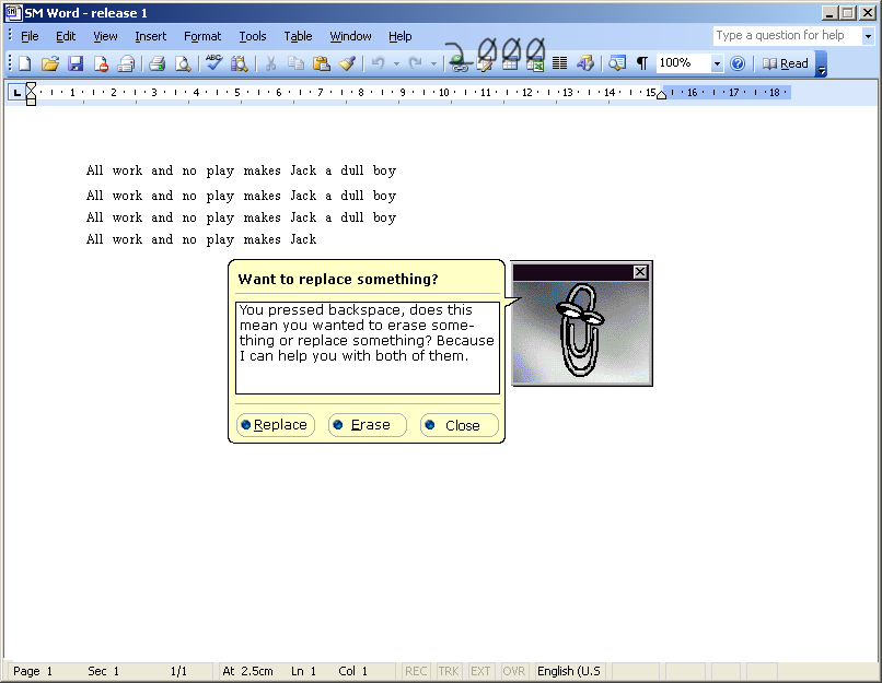 SM Word (Windows) screenshot: Face to face once again with my lost and long-forgotten nemesis!