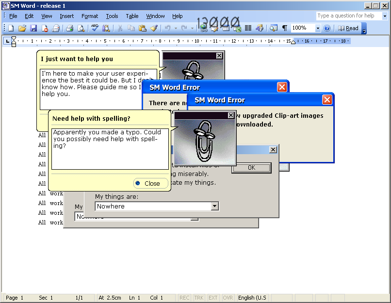 SM Word (Windows) screenshot: Help! I'm drowning in error boxes!