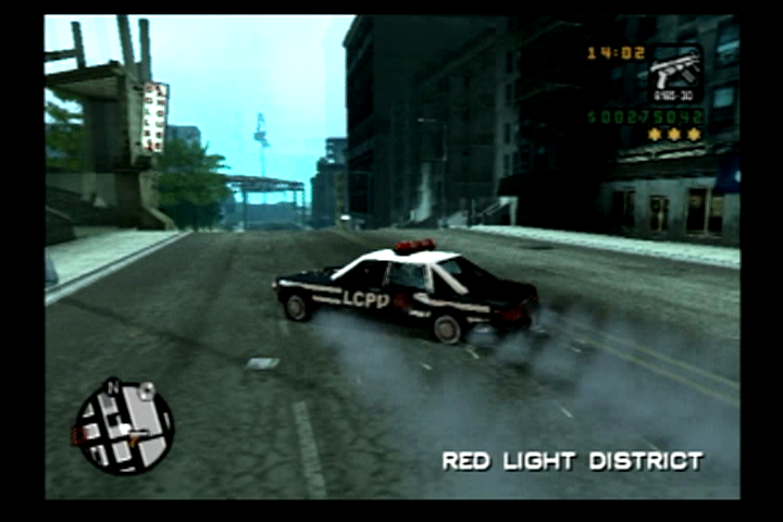 Grand Theft Auto: Liberty City Stories (PlayStation 2) screenshot: Running over spike strips tears your tires to shreds.