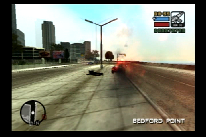 Grand Theft Auto: Liberty City Stories (PlayStation 2) screenshot: It is probably a good idea to roll out of a vehicle that is up in flames.
