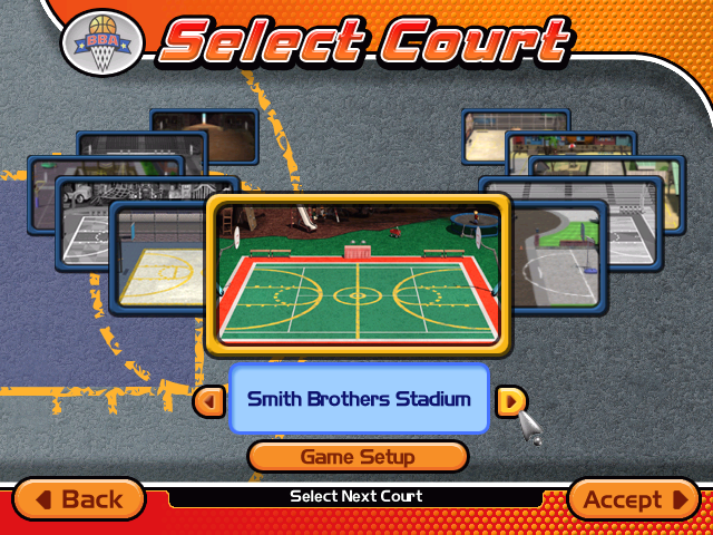 Backyard Basketball 2004 (Windows) screenshot: Selecting the custom team's home court.