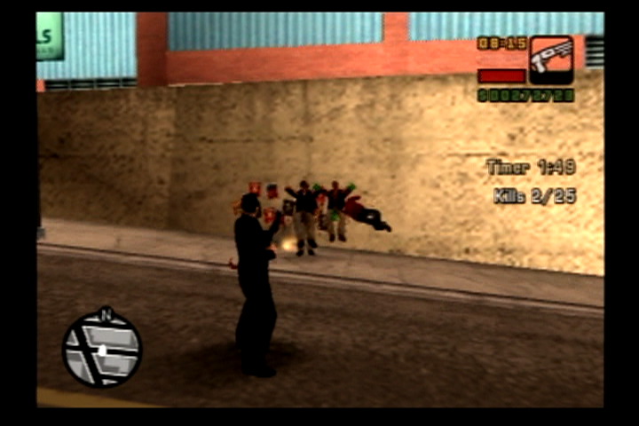 Grand Theft Auto: Liberty City Stories (PlayStation 2) screenshot: A shotgun to the stomach should teach them a lesson or two.