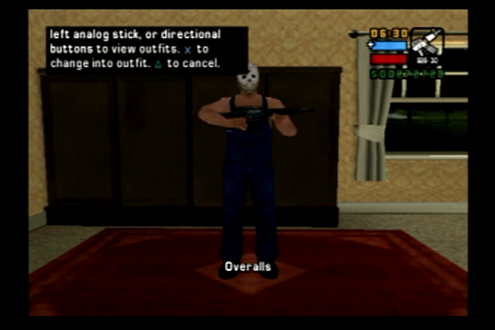 Grand Theft Auto: Liberty City Stories (PlayStation 2) screenshot: A number of costumes and outfits are available at your safe house.