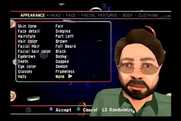 World Championship Poker (PlayStation 2) screenshot: Many options are available for customizing your player.