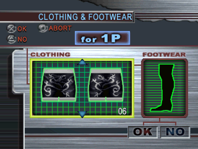 Ultimate Fighting Championship (PlayStation) screenshot: Creating a fighter - items of clothing.