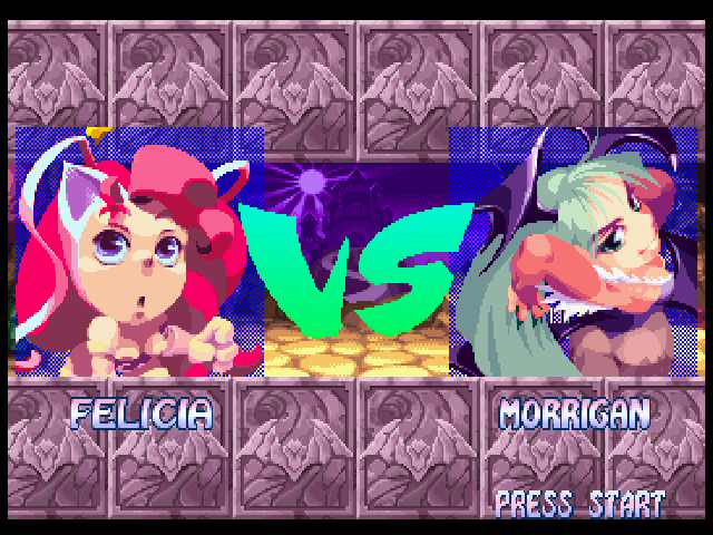 Super Puzzle Fighter II Turbo (PlayStation) screenshot: Felicia vs Morrigan