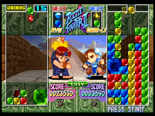 Super Puzzle Fighter II Turbo (PlayStation) screenshot: Ryu vs Chun-Li - game screen