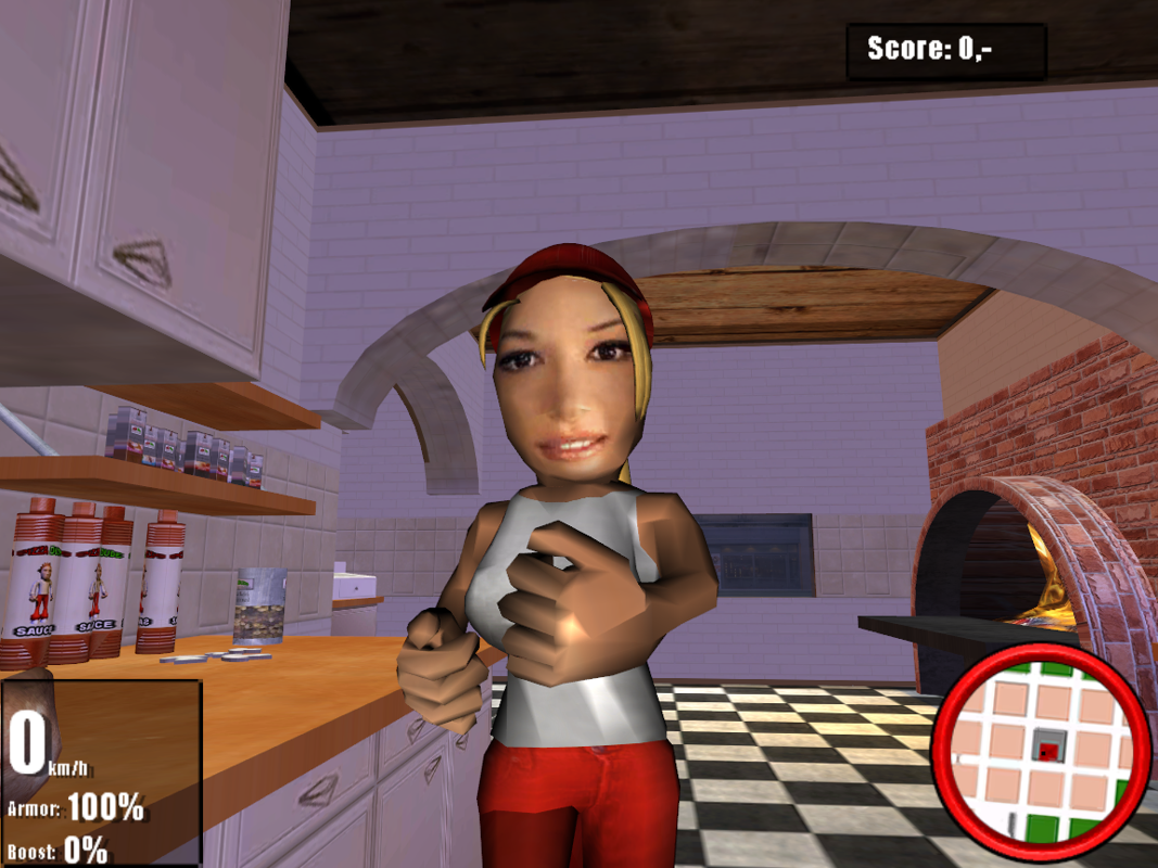 Pizza Dude (Windows) screenshot: The Pizza girl running inside the kitchen.
