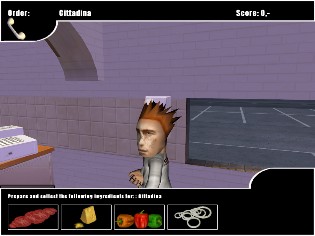 Pizza Dude (Windows) screenshot: Taking an order. The ingredients you'll need to prepare are on the bottom.