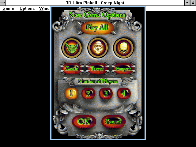 3-D Ultra Pinball: Creep Night (Windows 3.x) screenshot: New game options