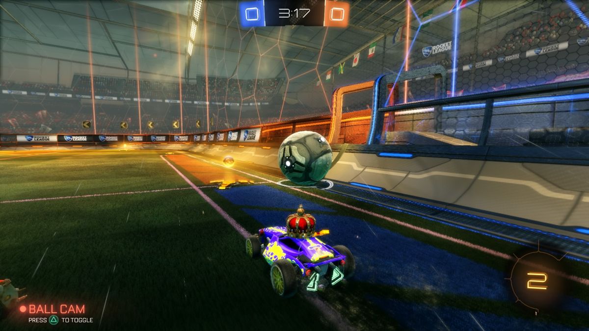 Rocket League (PlayStation 4) screenshot: Driving over the gold ball completely refills your boost meter!