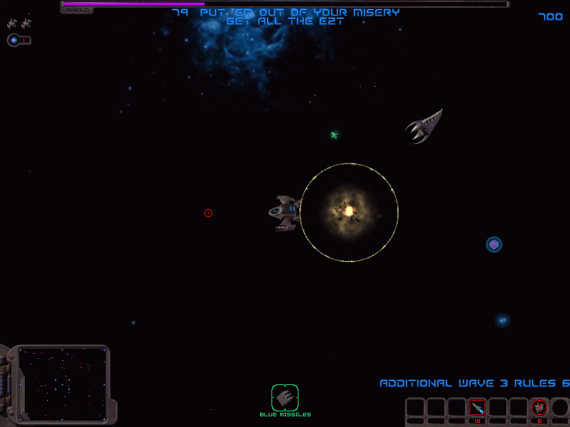 Swarm (Windows) screenshot: Mines drop behind your ship and quickly detonate leaving a sphere of destruction.