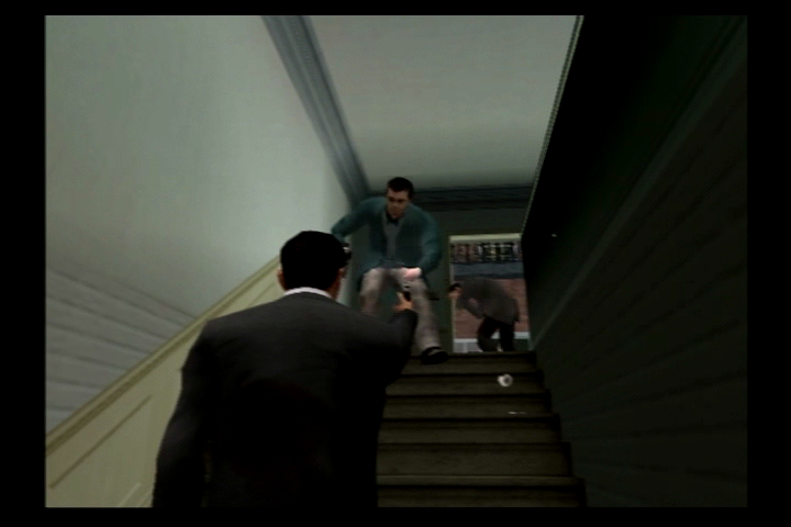 The Getaway (PlayStation 2) screenshot: Mark is slow going up stairs, so enemies are always ready to attack before you get to the top.