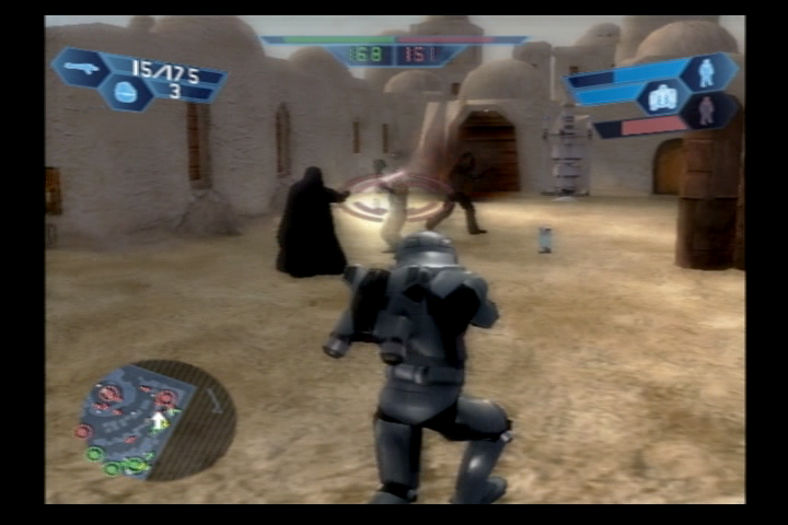 Star Wars: Battlefront (PlayStation 2) screenshot: Darth Vador slicing someone in half.