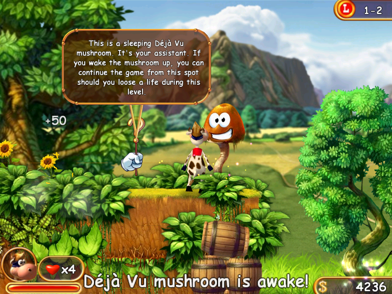 Supercow (Windows) screenshot: These Déjà Vu Mushrooms are your checkpoints. There are often more than one per level.