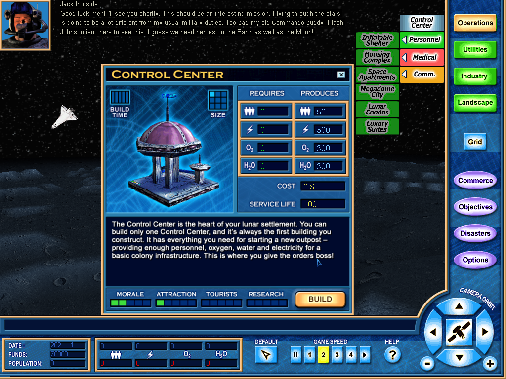 Moon Tycoon (Windows) screenshot: Control center statistics in the build menu