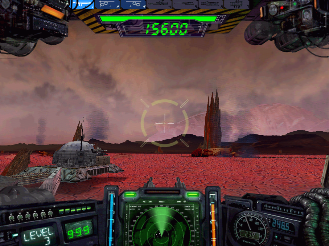 Alien Blast: The Encounter (Windows) screenshot: The planet's been attacked badly before the events of the game, so even the bases the player defends are made up of debris and wreckage.