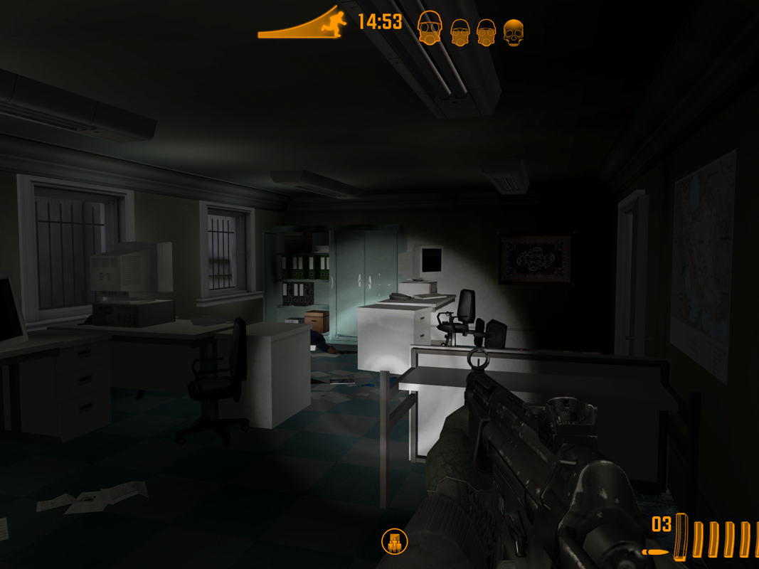 Terror Strike (Windows) screenshot: Sneaking around with the flashlight on.
