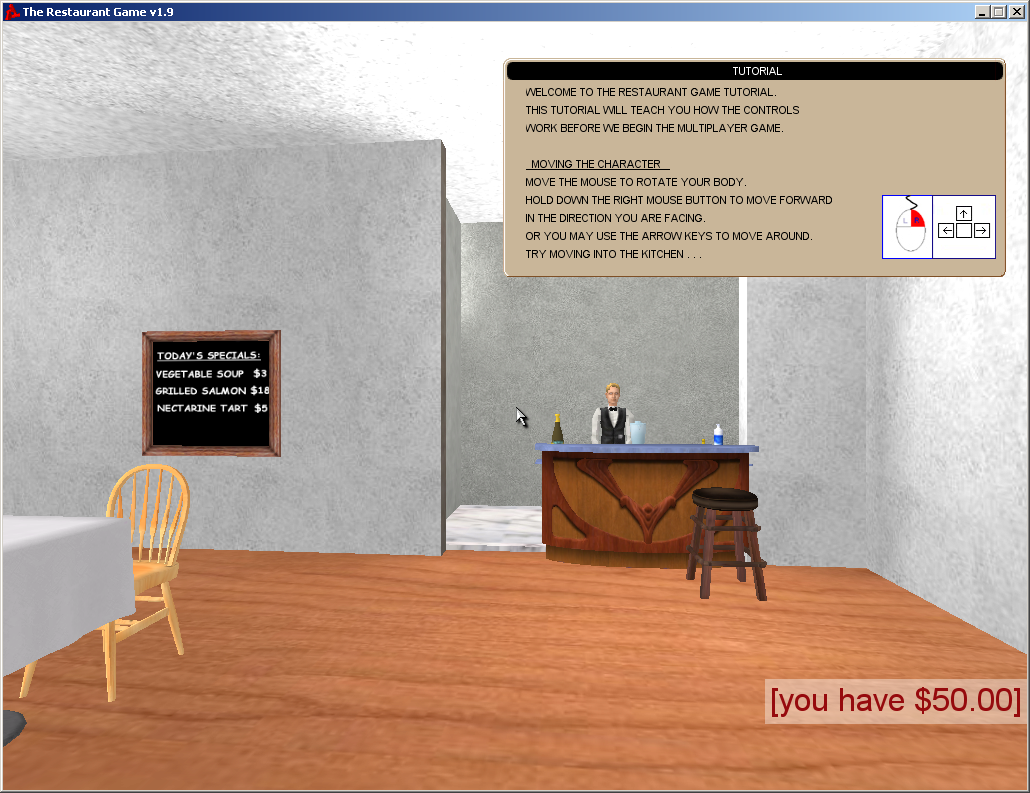 The Restaurant Game (Windows) screenshot: Starting the tutorial. Look at those daily specials!