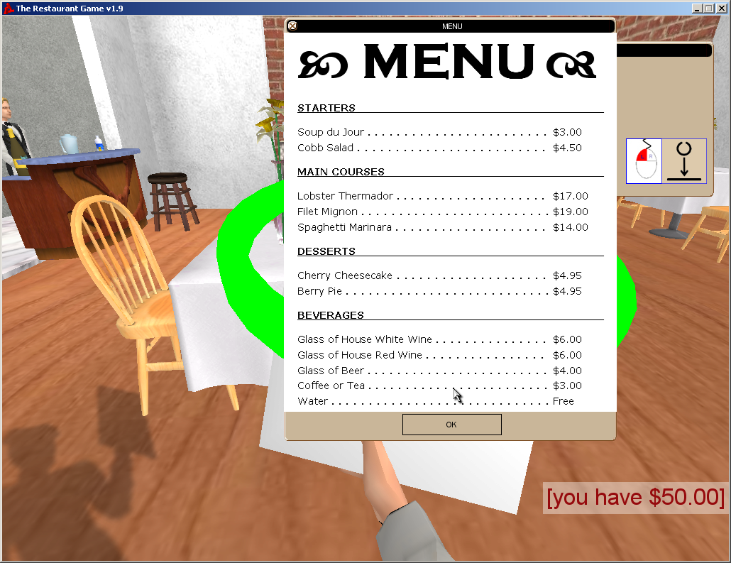 The Restaurant Game (Windows) screenshot: The regular menu