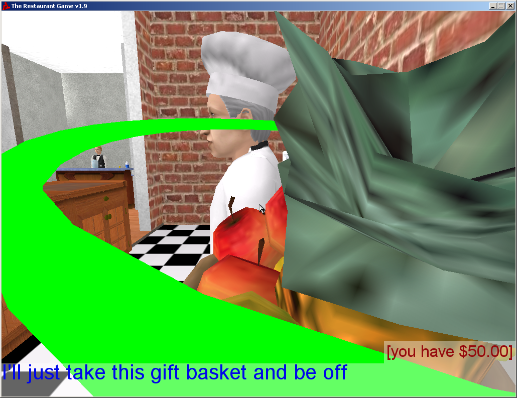 The Restaurant Game (Windows) screenshot: With no customers, this restaurant is going down. I'll include this fruit basket as part of my severance and get out of Dodge!