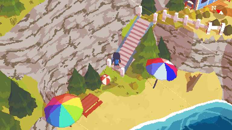 A Short Hike (Windows) screenshot: A rainbow parasol at the beach - long live everything rainbow-coloured!
