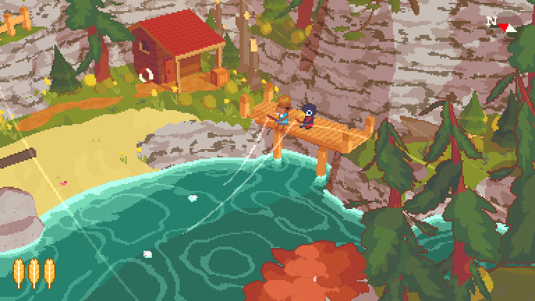 A Short Hike (Windows) screenshot: Learning to fish at the lake. Claire will prove to be a talented student.