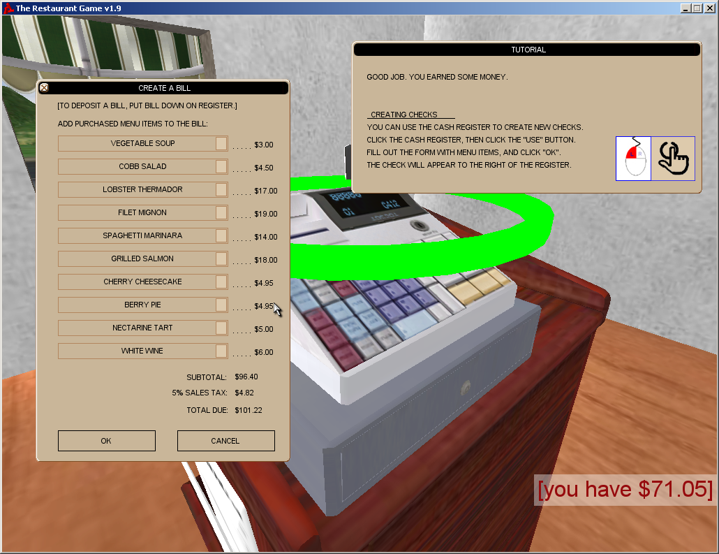 The Restaurant Game (Windows) screenshot: What, you don't just order one of everything?