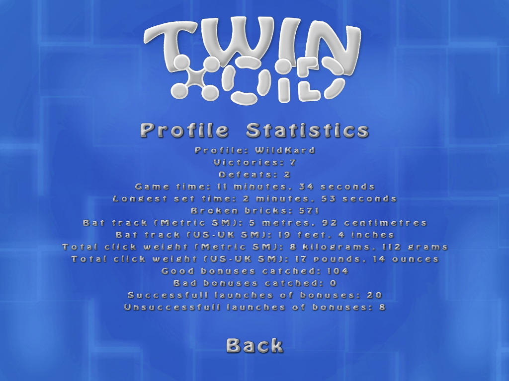 Twinxoid (Windows) screenshot: The game keeps track of all kinds of fun statistics