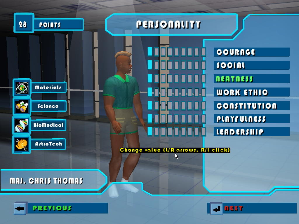 SpaceStationSim (Windows) screenshot: Assigning an astronaut's statistics