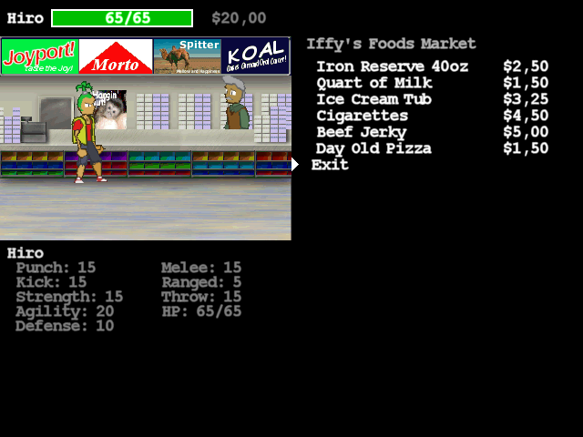 Zombie Smashers X2: Punx and Skins (Windows) screenshot: A food store. Here characters can buy items to upgrade their stats.