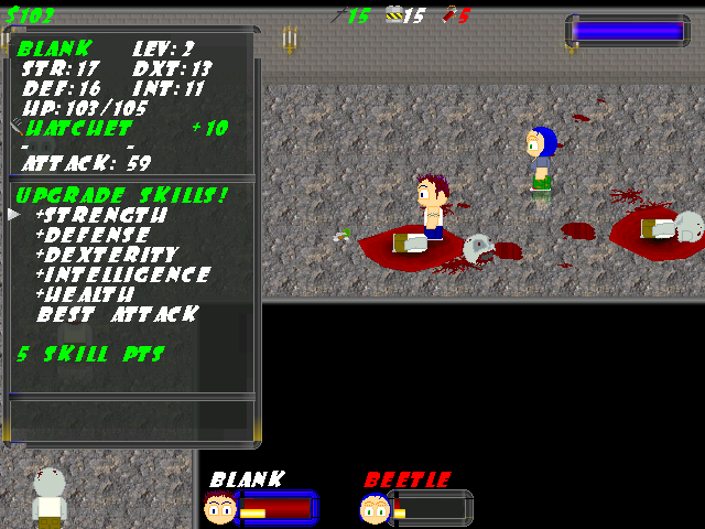 Blood Zero (Windows) screenshot: Blank gained a level and can now distribute his 5 bonus points among the stats.
