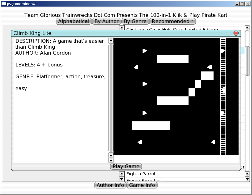 100-in-one Klik & Play Pirate Kart (Windows) screenshot: Information about Climb King Lite