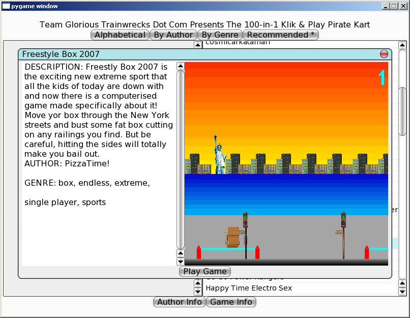 100-in-one Klik & Play Pirate Kart (Windows) screenshot: Information about Freestyle Box 2007