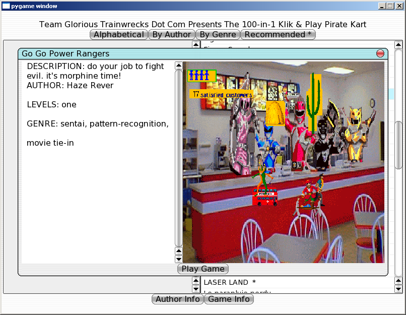 100-in-one Klik & Play Pirate Kart (Windows) screenshot: Information about Go Go Power Rangers