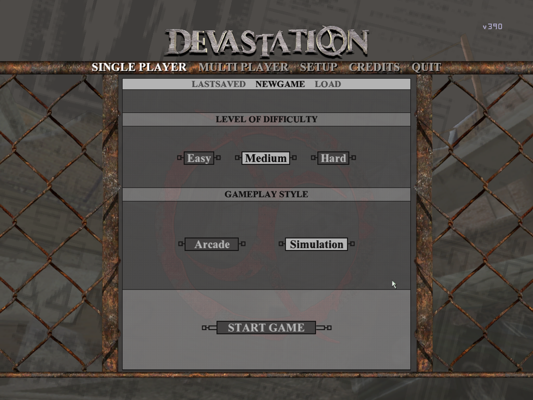 Devastation (Windows) screenshot: New game selection