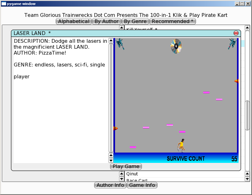 100-in-one Klik & Play Pirate Kart (Windows) screenshot: Information about LASER LAND