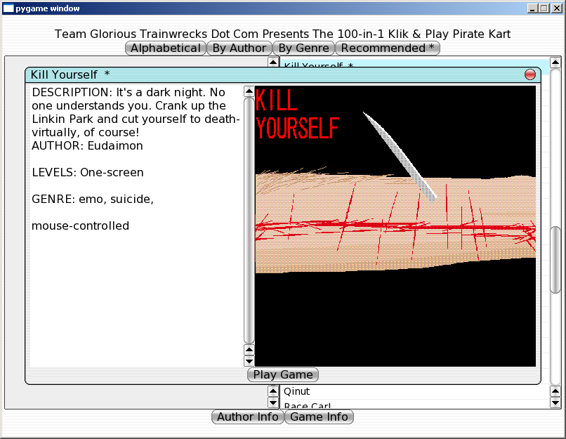 100-in-one Klik & Play Pirate Kart (Windows) screenshot: Information about Kill Yourself