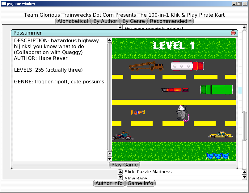 100-in-one Klik & Play Pirate Kart (Windows) screenshot: Information about Possummer