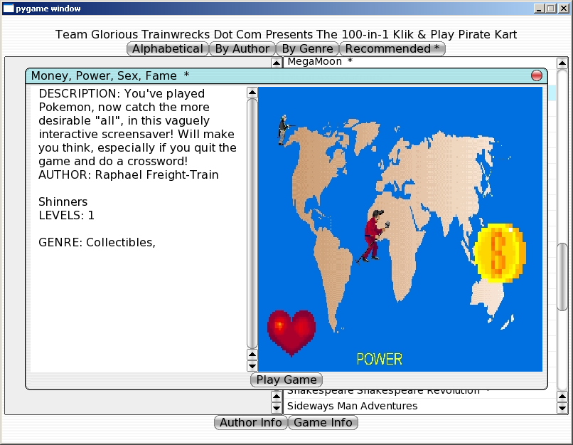 100-in-one Klik & Play Pirate Kart (Windows) screenshot: Information on Money, Power, Sex, Fame