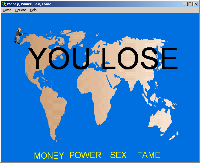 100-in-one Klik & Play Pirate Kart (Windows) screenshot: Money, Power, Sex, Fame: game over!